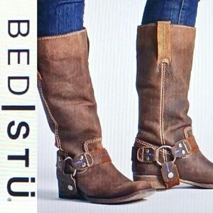 BED STU Brown Weathered Leather Harness Tall Riding Boot Square Toe Sz 6